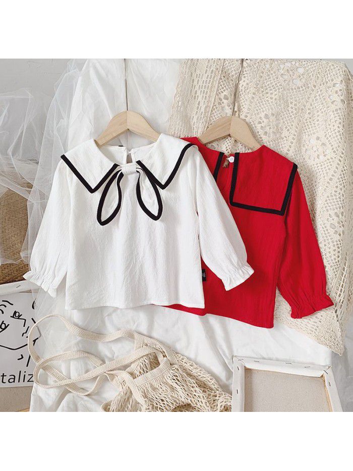 Girls' Autumn  new Korean shirt children's baby shirt girl's Lapel bow long sleeve top 