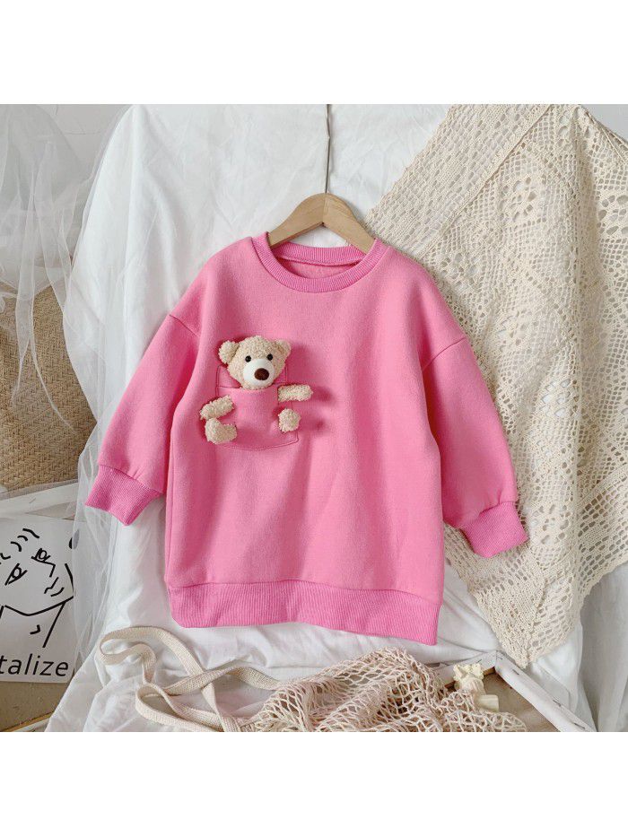 Girls' autumn dress  Korean bear sweater children's pocket loose top girl's round neck long sleeve Pullover 