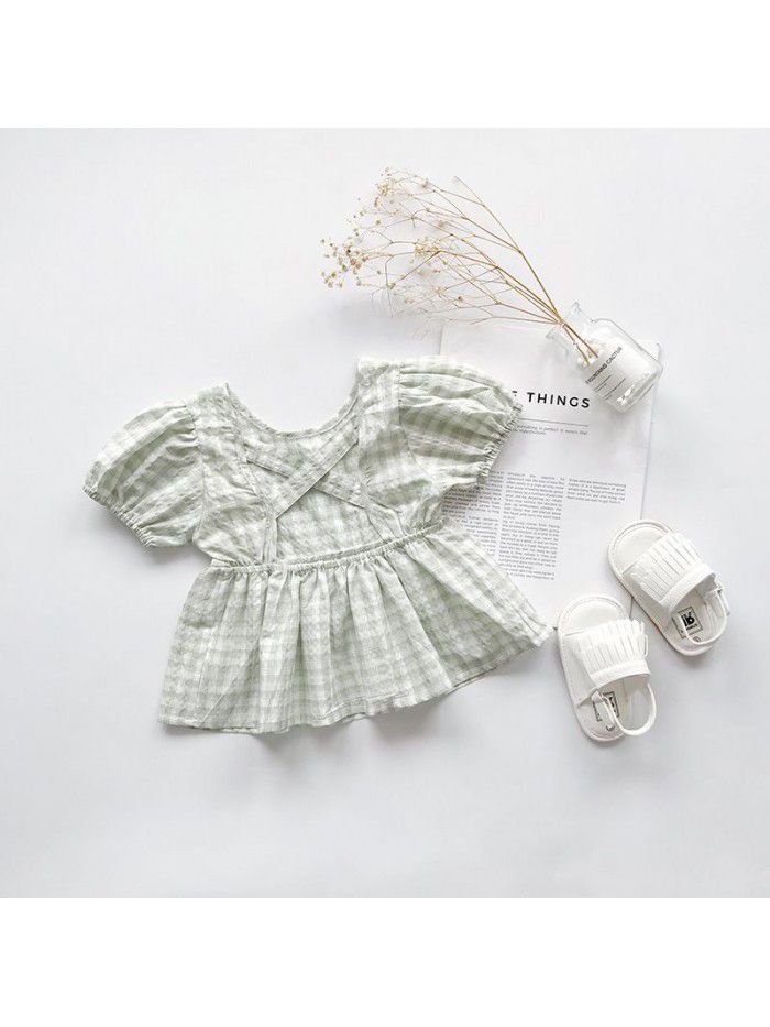 Children's summer baby girls' short sleeve Korean lovely baby shirt flying sleeve children's Plaid wholesale top 