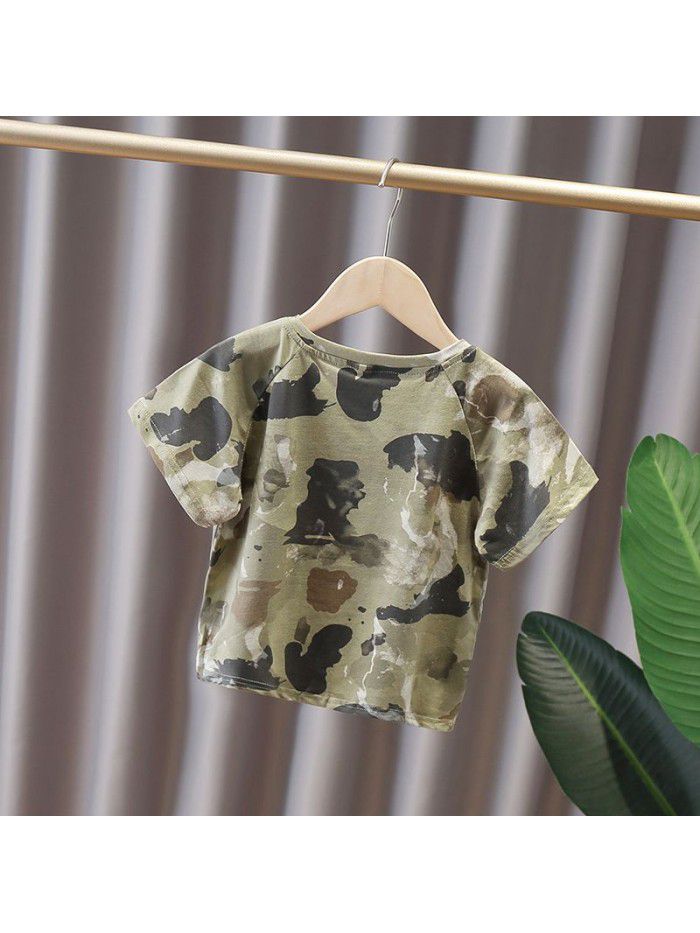 4564 boys' short sleeve  new foreign style summer wear children's Korean camouflage round neck T-shirt middle and small children's half sleeve T-shirt 