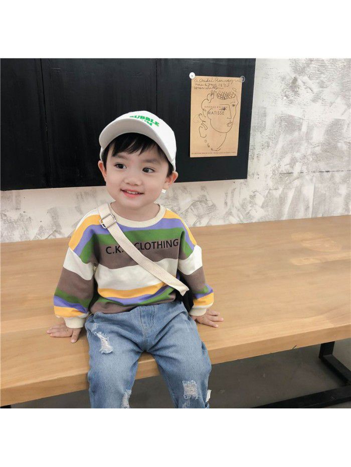 Boys' sweater Pullover spring clothes baby long sleeve top color stripe children's clothes children's bottom coat ia905 