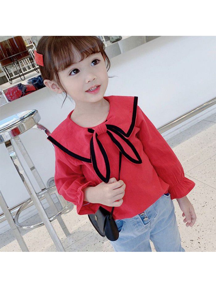 Girls' Autumn  new Korean shirt children's baby shirt girl's Lapel bow long sleeve top 