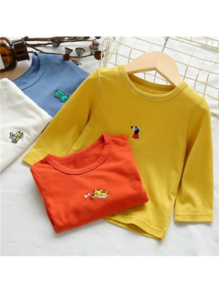 Children's t-shirt men's spring and autumn clothes middle and small children's top long sleeve round neck Pullover baby bottom coat solid color clothes ia911 