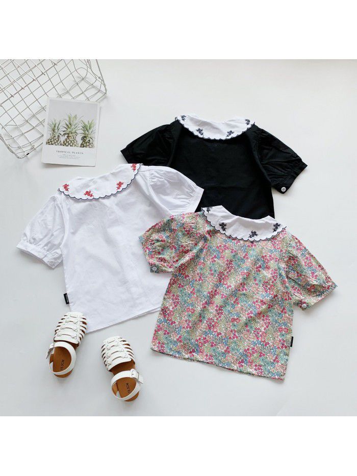 Children's clothing  summer girls' net red baby shirt baby's foreign style bubble sleeve embroidered shirt Korean version Lapel shirt 