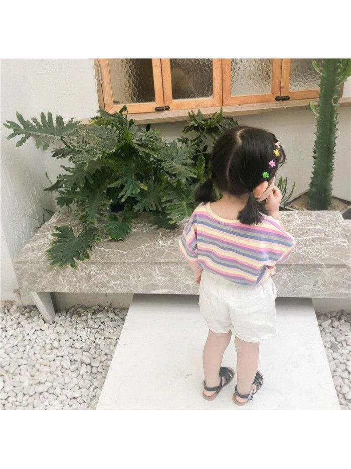 Girls T-shirt color stripe children's top  new foreign style summer dress baby Korean Short Sleeve round neck children's wear 