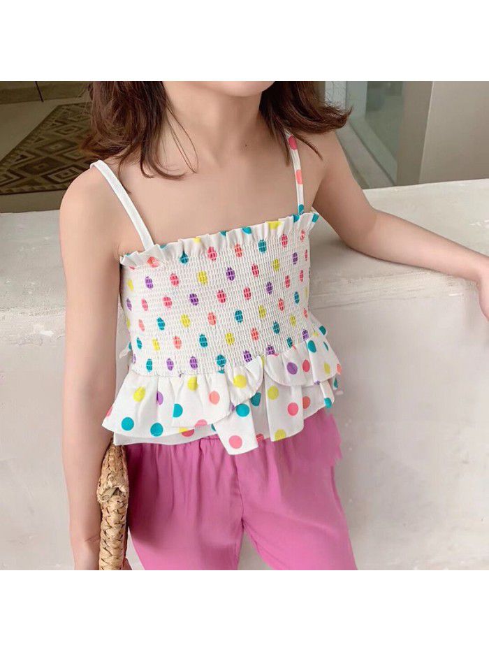Stall source children's clothing  summer girls' suspender vest Korean wave point Auricularia edge suspender top 