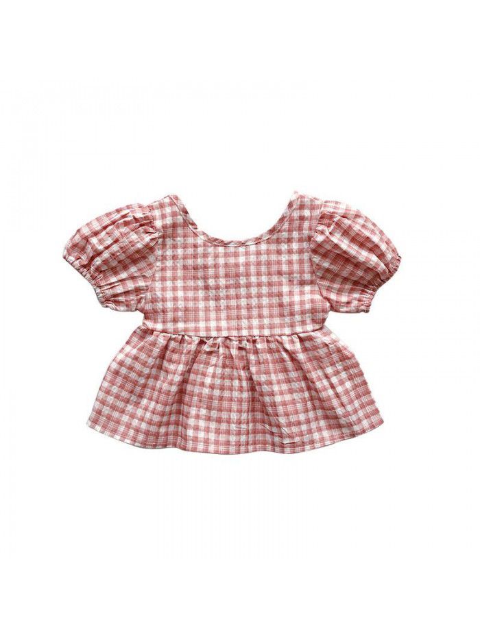 Children's summer baby girls' short sleeve Korean lovely baby shirt flying sleeve children's Plaid wholesale top 