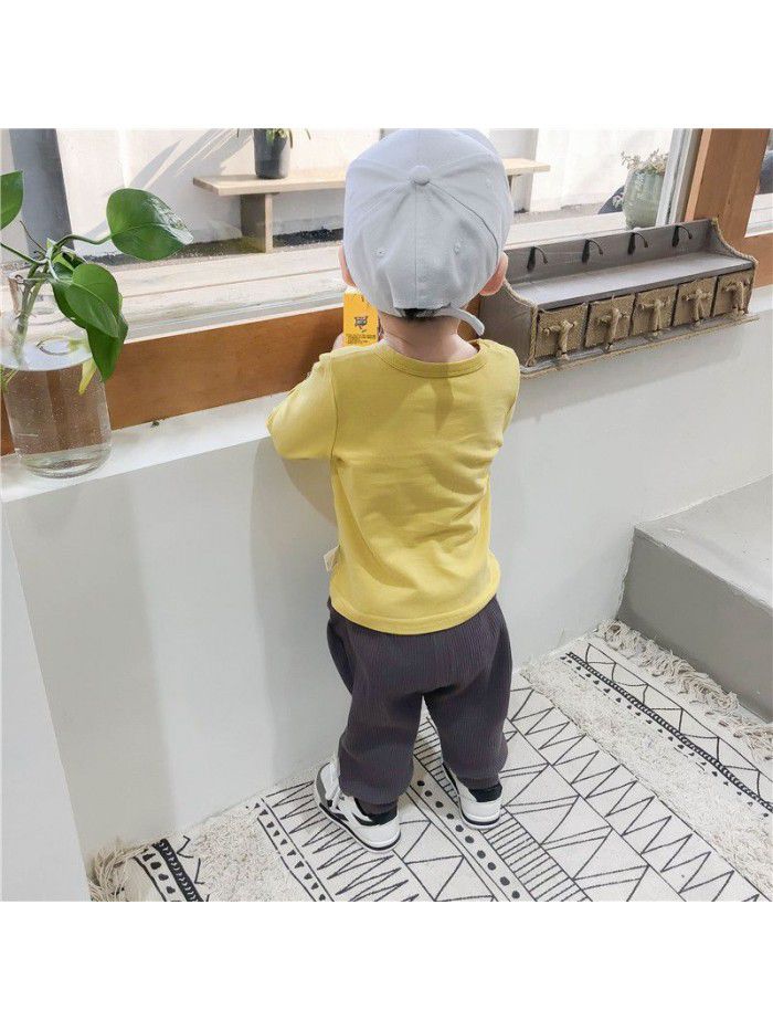 Children's t-shirt men's spring and autumn clothes middle and small children's top long sleeve round neck Pullover baby bottom coat solid color clothes ia911 