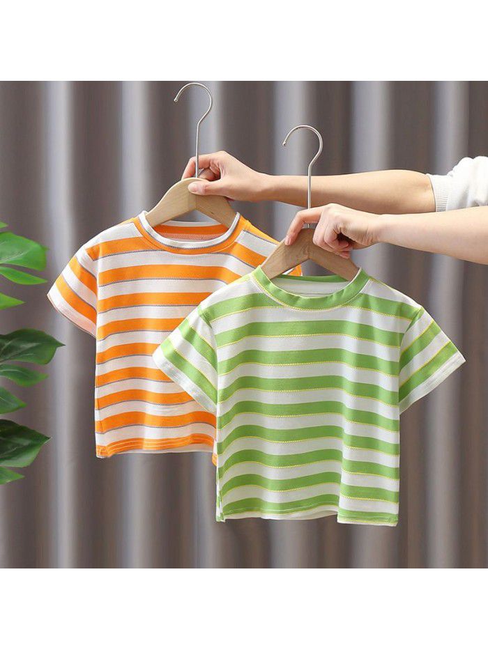 1589 girls' Summer Boys'  new T-shirt 6 children's short sleeve round neck cartoon stripe T-shirt 3-5 years old 