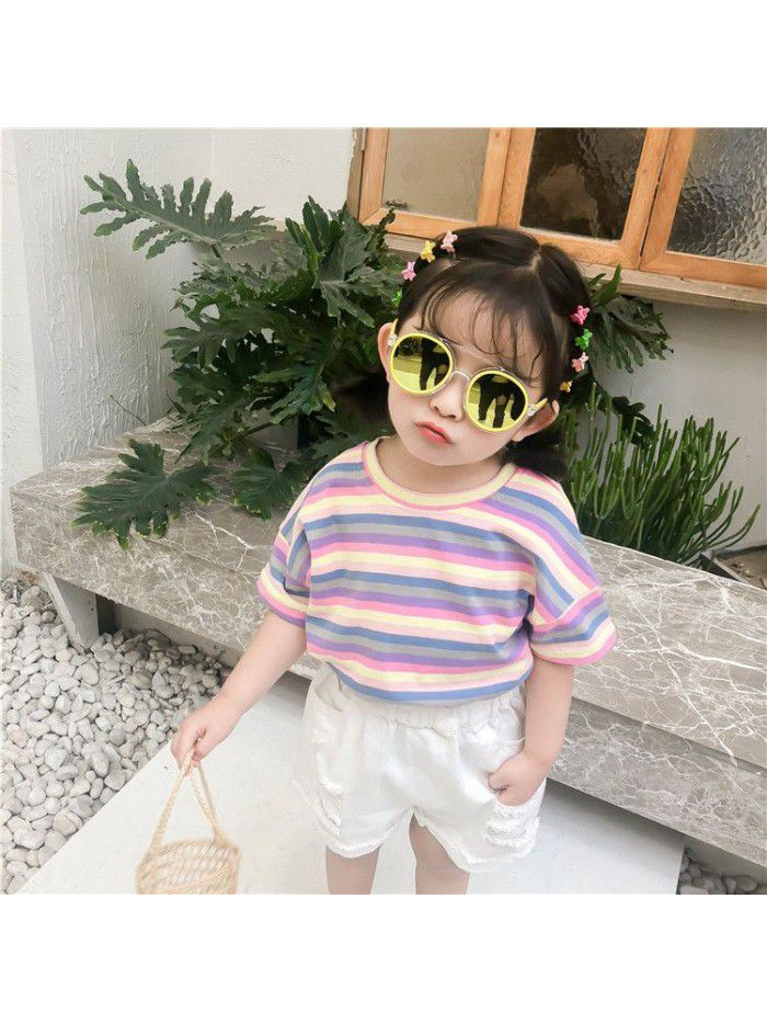 Girls T-shirt color stripe children's top  new foreign style summer dress baby Korean Short Sleeve round neck children's wear 