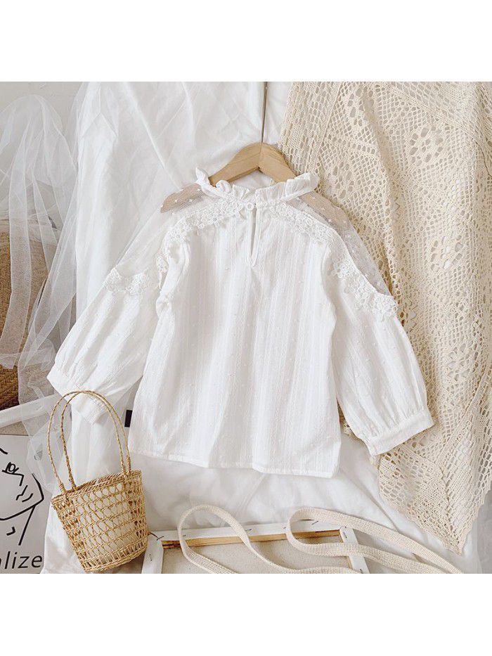 Girls'  spring new children's Korean shirt lace splicing fashion baby long sleeve top wholesale 