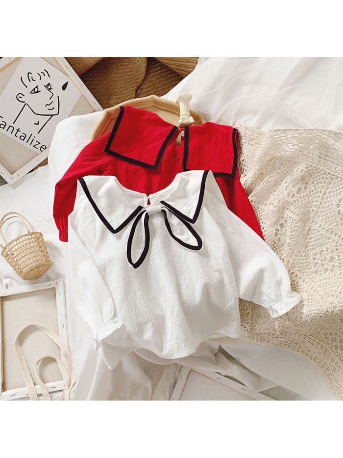 Girls' Autumn  new Korean shirt children's baby shirt girl's Lapel bow long sleeve top 