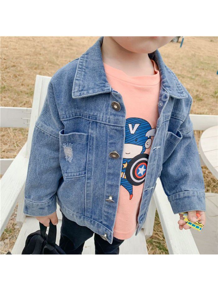 Baby jeans jacket spring and autumn new pure color boys' top baby boomer children's clothing wholesale ia917 