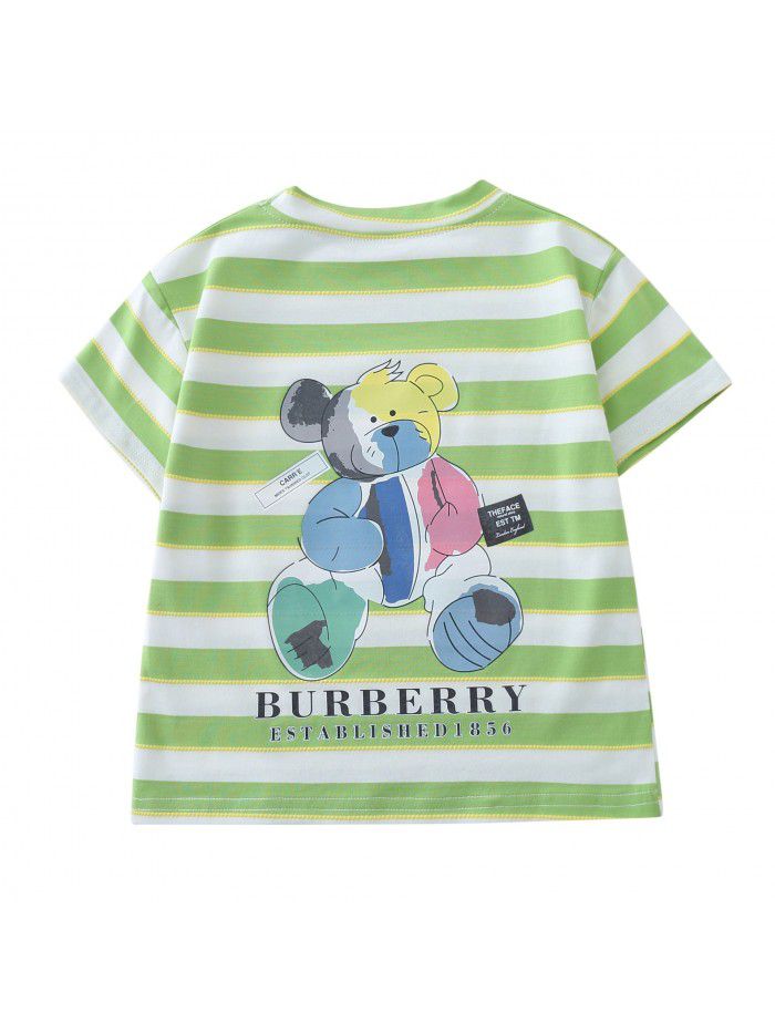 1589 girls' Summer Boys'  new T-shirt 6 children's short sleeve round neck cartoon stripe T-shirt 3-5 years old 