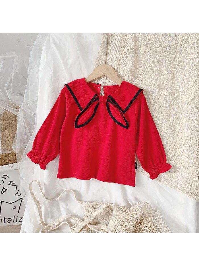 Girls' Autumn  new Korean shirt children's baby shirt girl's Lapel bow long sleeve top 