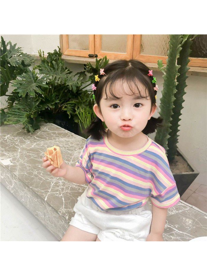 Girls T-shirt color stripe children's top  new foreign style summer dress baby Korean Short Sleeve round neck children's wear 