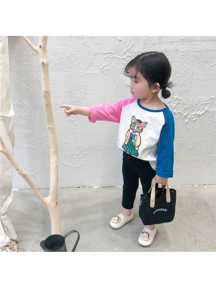 Girls' T-shirt spring and autumn children's top long sleeve cartoon cat a ready to go children's clothing 