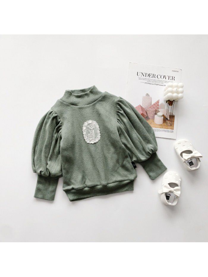 Girls' base shirt autumn and winter  new style girl's high collar Korean foam sleeve Plush thickened top 