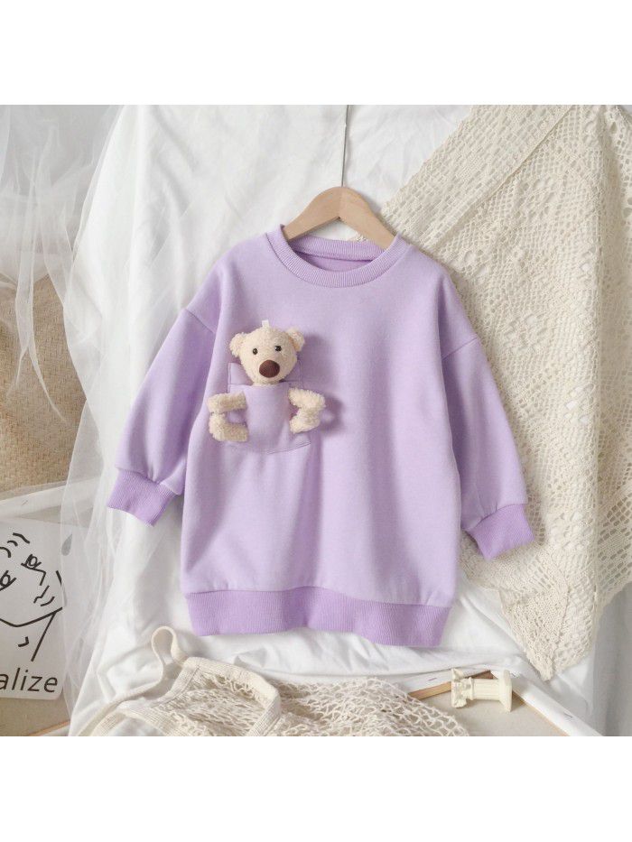 Girls' autumn dress  Korean bear sweater children's pocket loose top girl's round neck long sleeve Pullover 