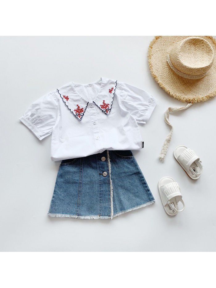 Children's clothing  summer girls' net red baby shirt baby's foreign style bubble sleeve embroidered shirt Korean version Lapel shirt 