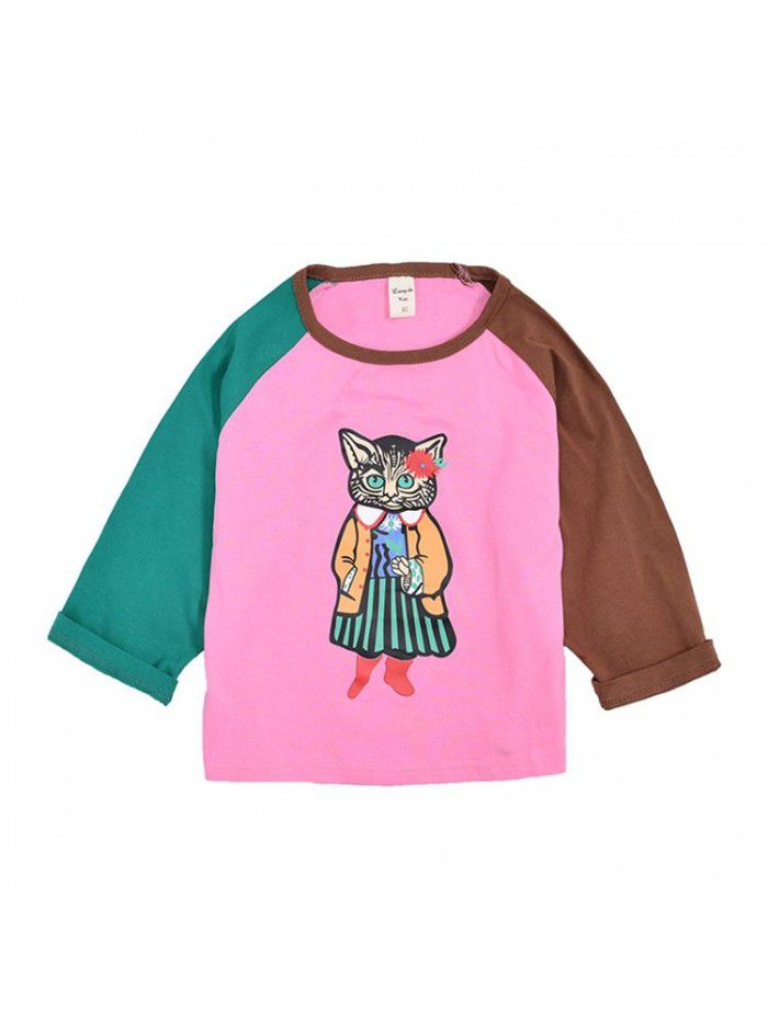 Girls' T-shirt spring and autumn children's top long sleeve cartoon cat a ready to go children's clothing 