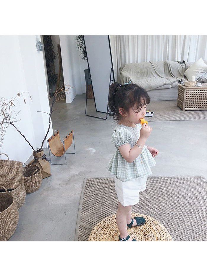 Children's summer baby girls' short sleeve Korean lovely baby shirt flying sleeve children's Plaid wholesale top 