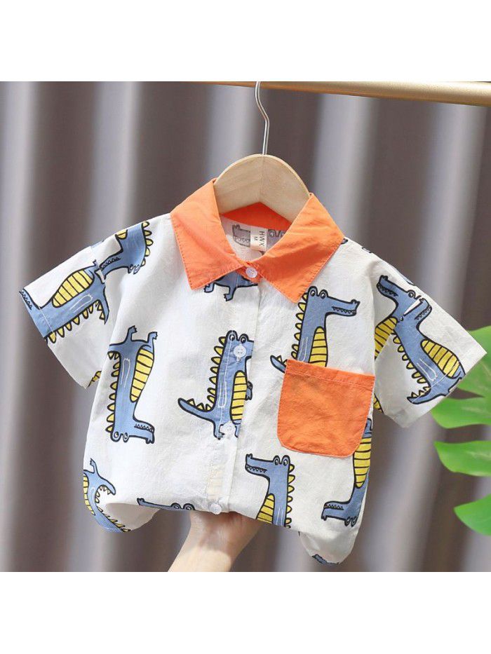 1652 boys' short sleeve shirt  summer new children's half sleeve top baby summer thin cartoon shirt 