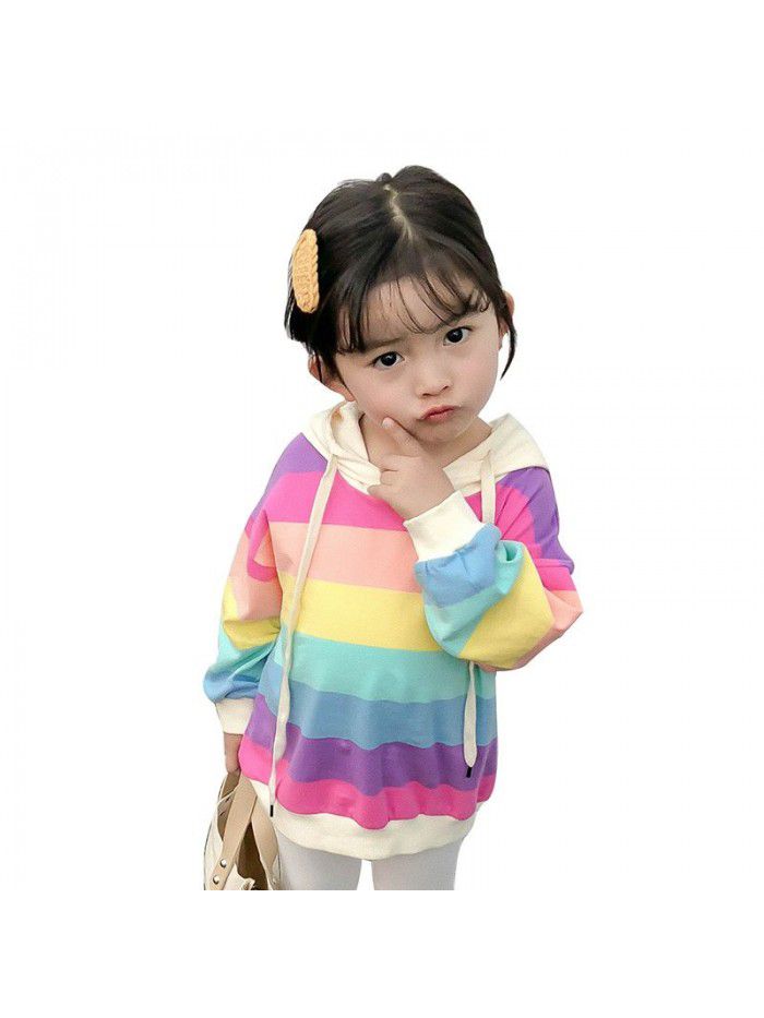 Girls' Rainbow Striped Hooded Sweater spring and autumn wear children's top Pullover long sleeve children's wear 