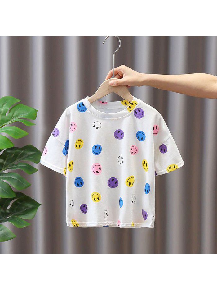 1584 children's boys' short sleeve smile T-shirt  new summer 6 middle and small girls' summer clothes half sleeve children's clothes 