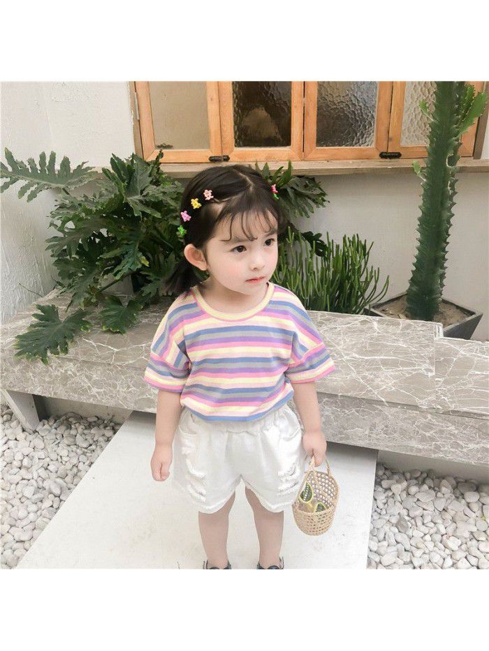 Girls T-shirt color stripe children's top  new foreign style summer dress baby Korean Short Sleeve round neck children's wear 