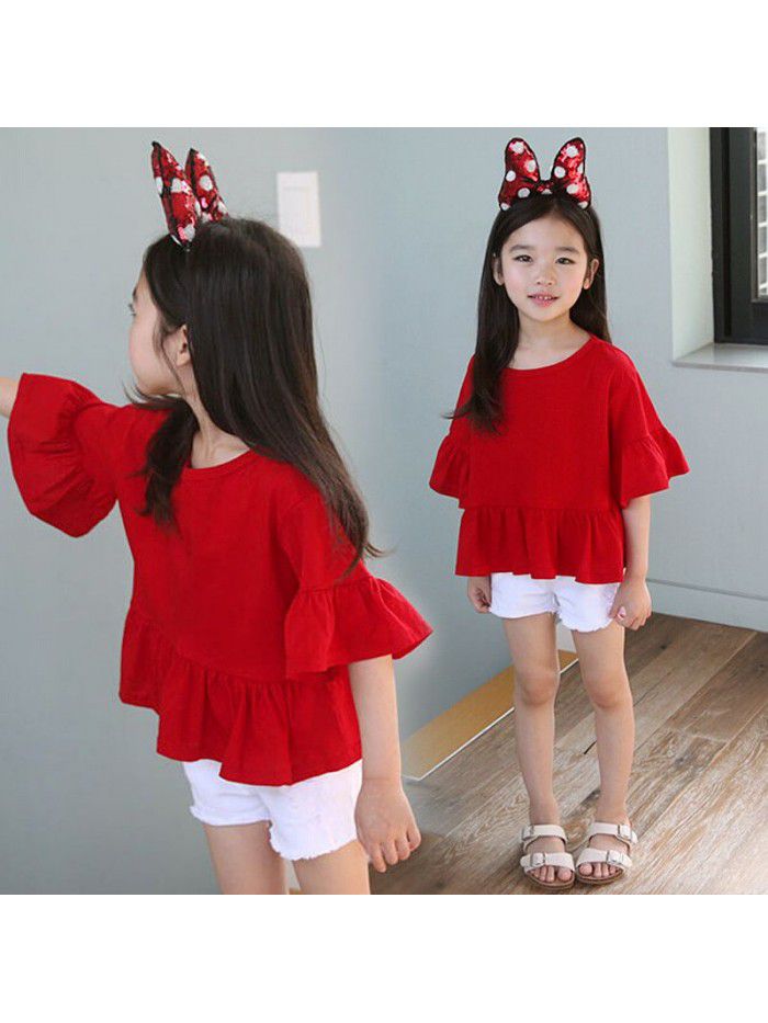 New spring and summer Korean children's wear big red trumpet middle sleeve top children's odel cotton T-shirt hair A186 