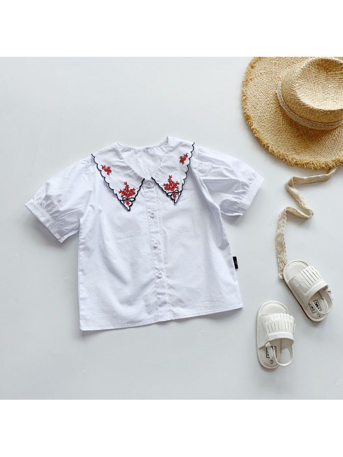 Children's clothing  summer girls' net red baby shirt baby's foreign style bubble sleeve embroidered shirt Korean version Lapel shirt 