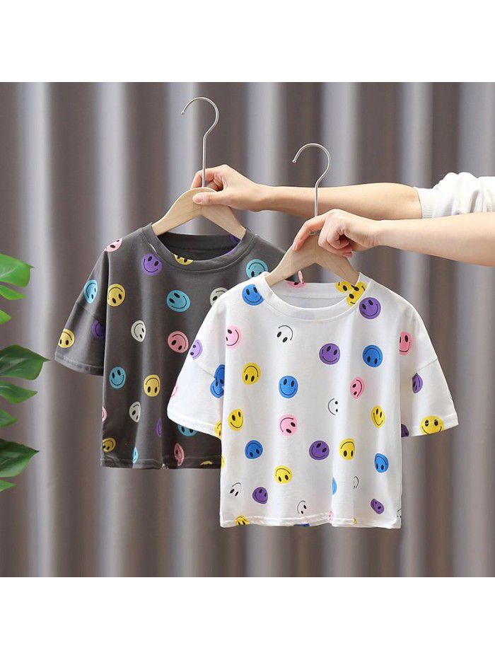 1584 children's boys' short sleeve smile T-shirt  new summer 6 middle and small girls' summer clothes half sleeve children's clothes 