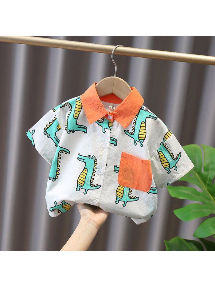 1652 boys' short sleeve shirt  summer new children's half sleeve top baby summer thin cartoon shirt 