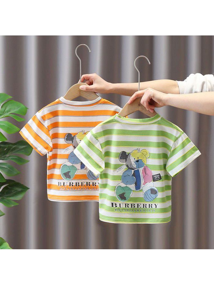 1589 girls' Summer Boys'  new T-shirt 6 children's short sleeve round neck cartoon stripe T-shirt 3-5 years old 