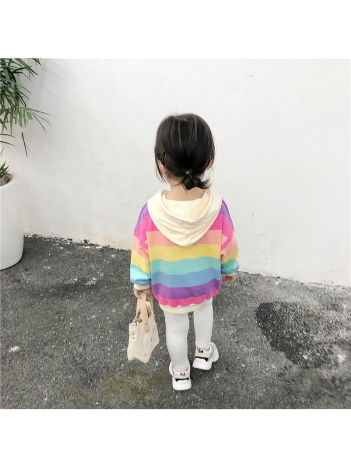 Girls' Rainbow Striped Hooded Sweater spring and autumn wear children's top Pullover long sleeve children's wear 