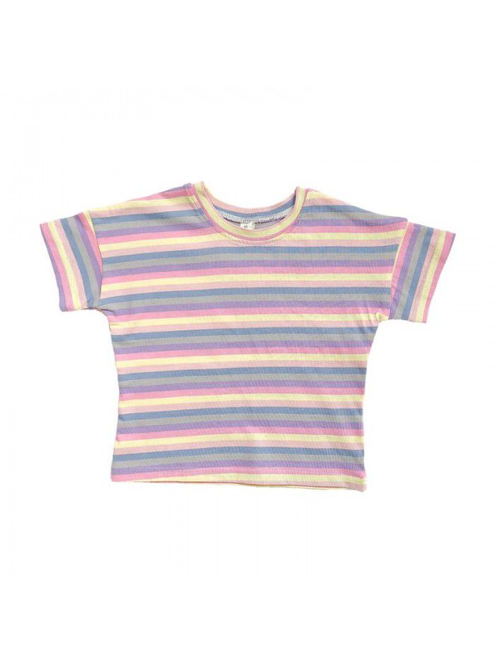 Girls T-shirt color stripe children's top  new foreign style summer dress baby Korean Short Sleeve round neck children's wear 