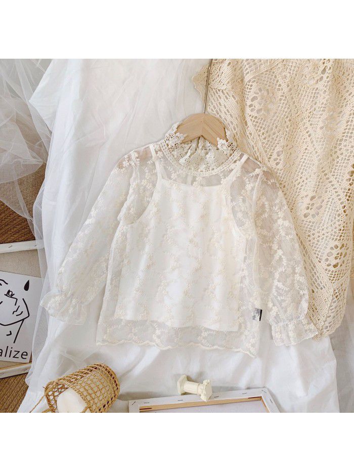 Children's LACE VEST two piece set  summer new fashion foreign style suspender shirt embroidered sunscreen shirt x53956 