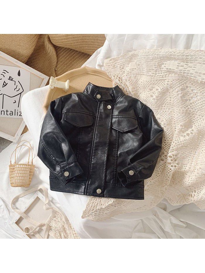 Children's coat autumn  new girl's leather jacket Korean fashion PU leather baby's foreign trade leather clothes 