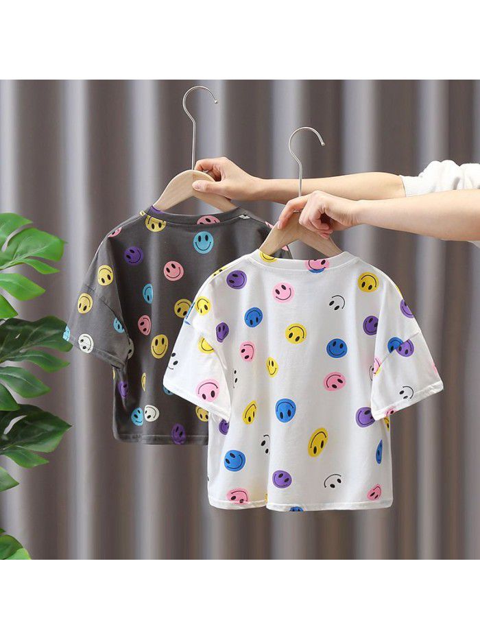 1584 children's boys' short sleeve smile T-shirt  new summer 6 middle and small girls' summer clothes half sleeve children's clothes 