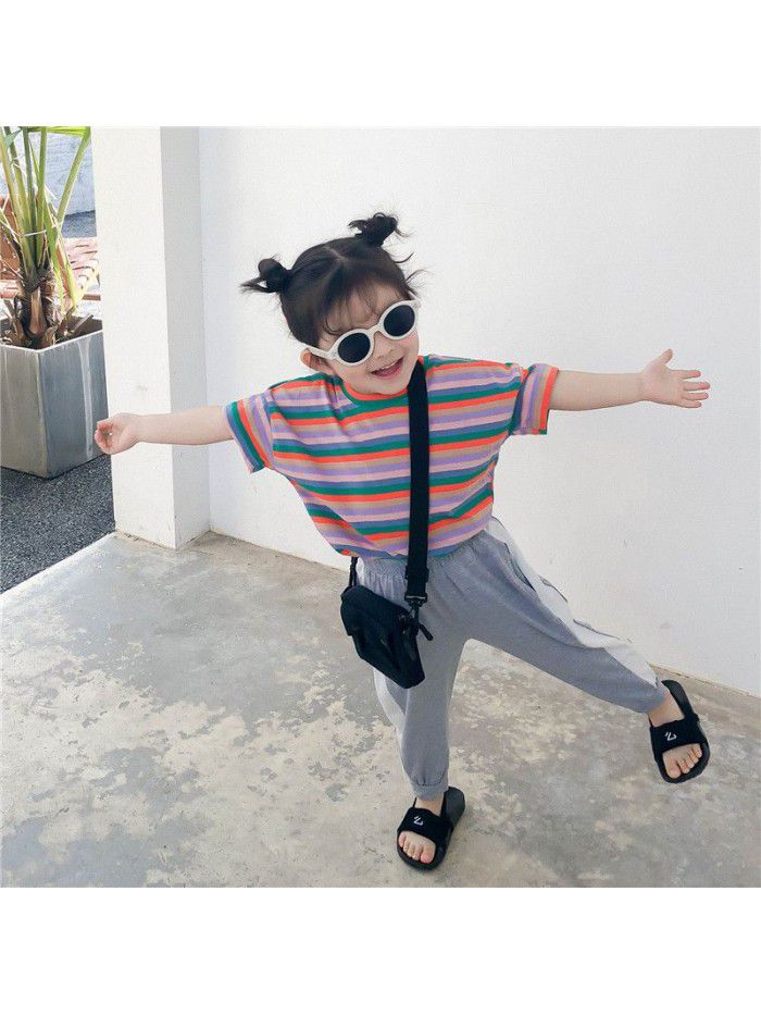 Girls T-shirt color stripe children's top  new foreign style summer dress baby Korean Short Sleeve round neck children's wear 