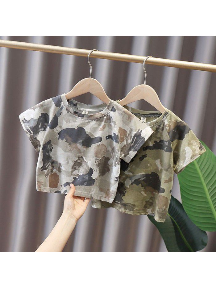 4564 boys' short sleeve  new foreign style summer wear children's Korean camouflage round neck T-shirt middle and small children's half sleeve T-shirt 