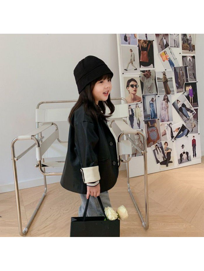 Children's coat  autumn new Korean girl's leather suit collar girl's leather jacket fashion 