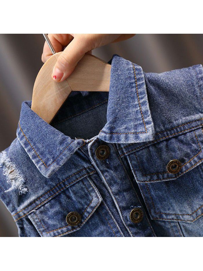 4864 baby jeans vest  new boy cartoon baby spring clothes children's clothes children's foreign style clothes 