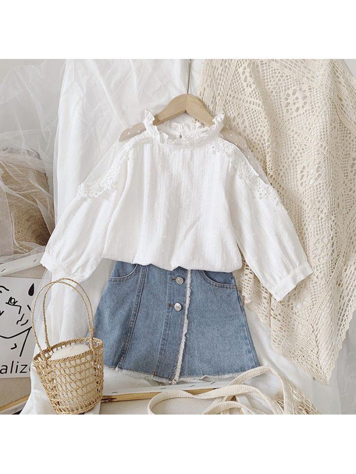 Girls'  spring new children's Korean shirt lace splicing fashion baby long sleeve top wholesale 