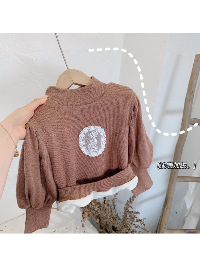 Girls' base shirt autumn and winter  new style girl's high collar Korean foam sleeve Plush thickened top 