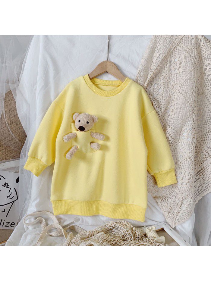 Girls' autumn dress  Korean bear sweater children's pocket loose top girl's round neck long sleeve Pullover 