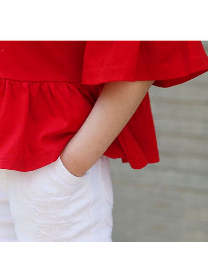 New spring and summer Korean children's wear big red trumpet middle sleeve top children's odel cotton T-shirt hair A186 