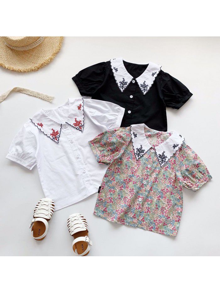 Children's clothing  summer girls' net red baby shirt baby's foreign style bubble sleeve embroidered shirt Korean version Lapel shirt 