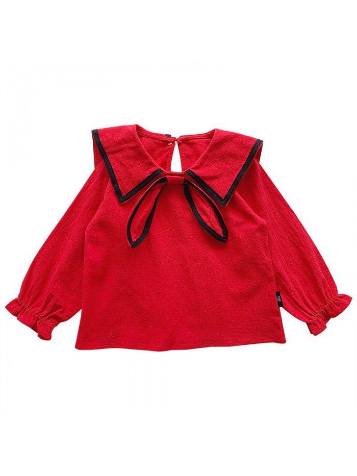 Girls' Autumn  new Korean shirt children's baby shirt girl's Lapel bow long sleeve top 